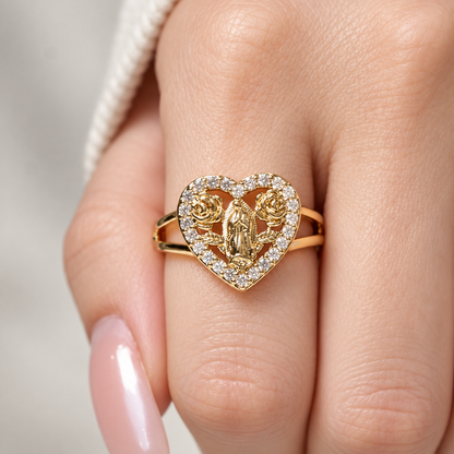 【DEAL TODAY】Our Lady of Guadalupe Heart Ring with Rose Details