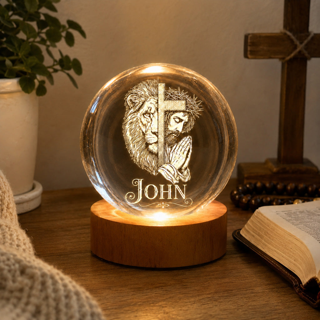 Personalized Christian Crystal Night Light with Lion, Cross, and Jesus — Strength