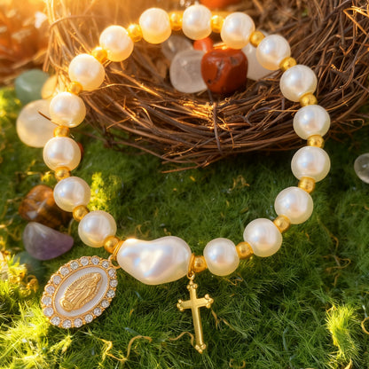 Pearl Gold Virgin Mary Diamond-Studded Cross Elastic Bracelet