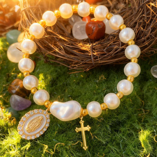 Pearl Gold Virgin Mary Diamond-Studded Cross Elastic Bracelet