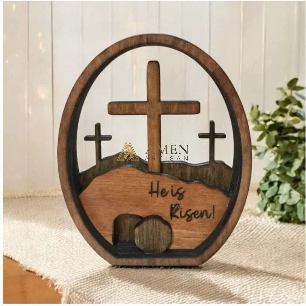 Calvary Oval Wood Resurrection Scene Plaque  Amen Artisan