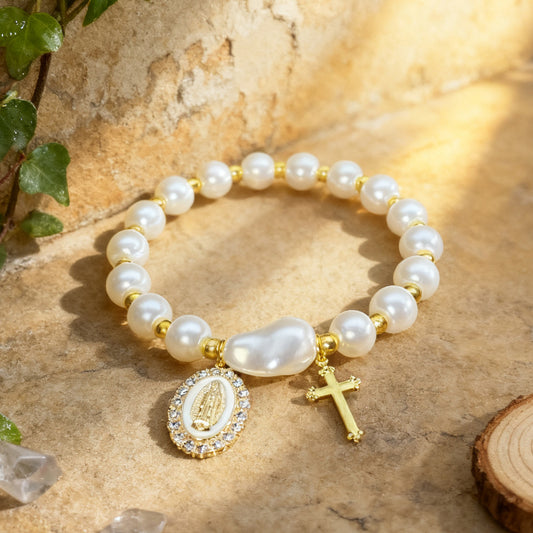 Pearl Gold Virgin Mary Diamond-Studded Cross Elastic Bracelet