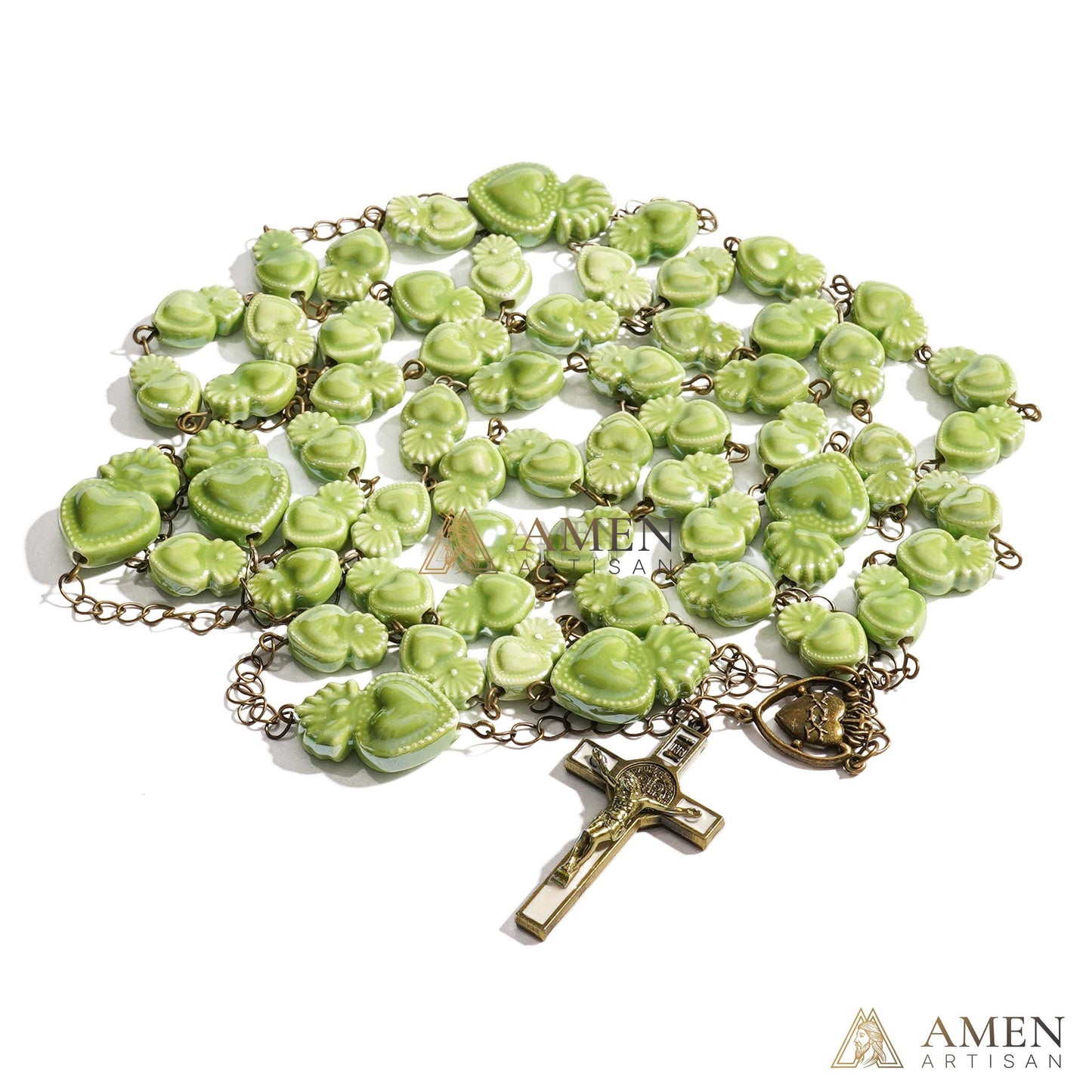 Ceramic Sacred Heart Beads Rosary - Vintage Bronze Style Rosary - Amen Artisan