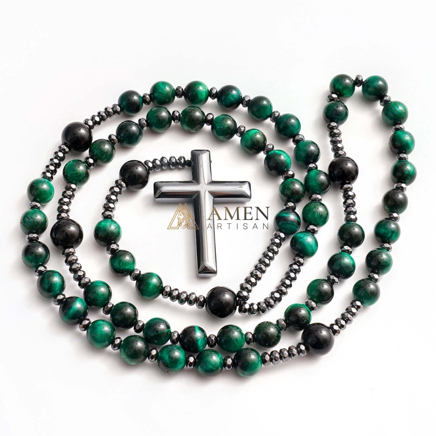 Green Tiger Eye Cross Rosary Amen Artisan