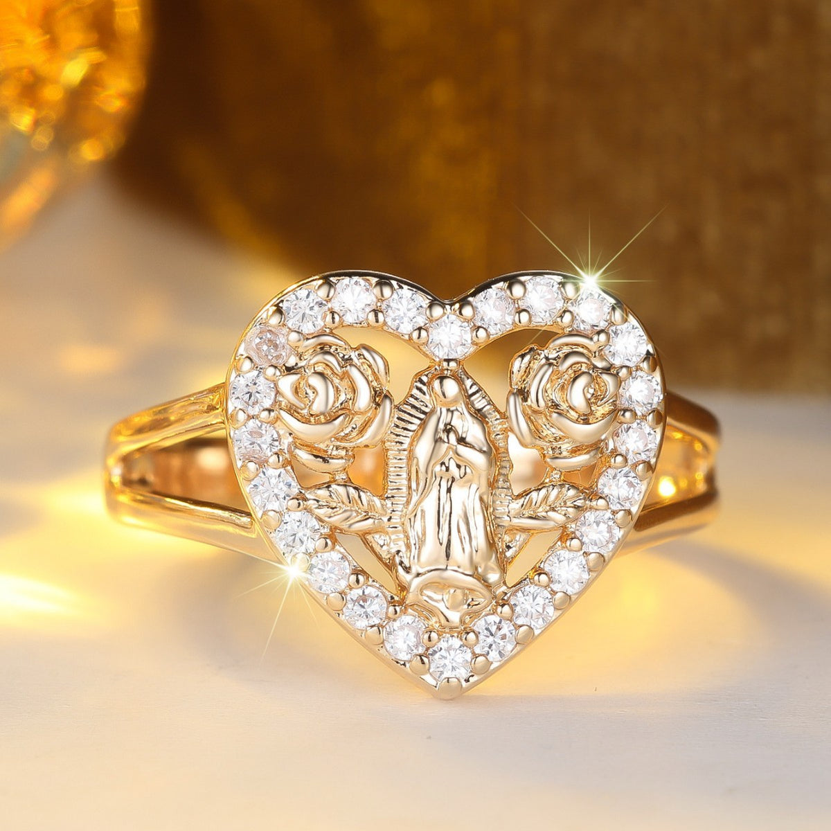 Virgin Mary Heart Ring with Rose Details