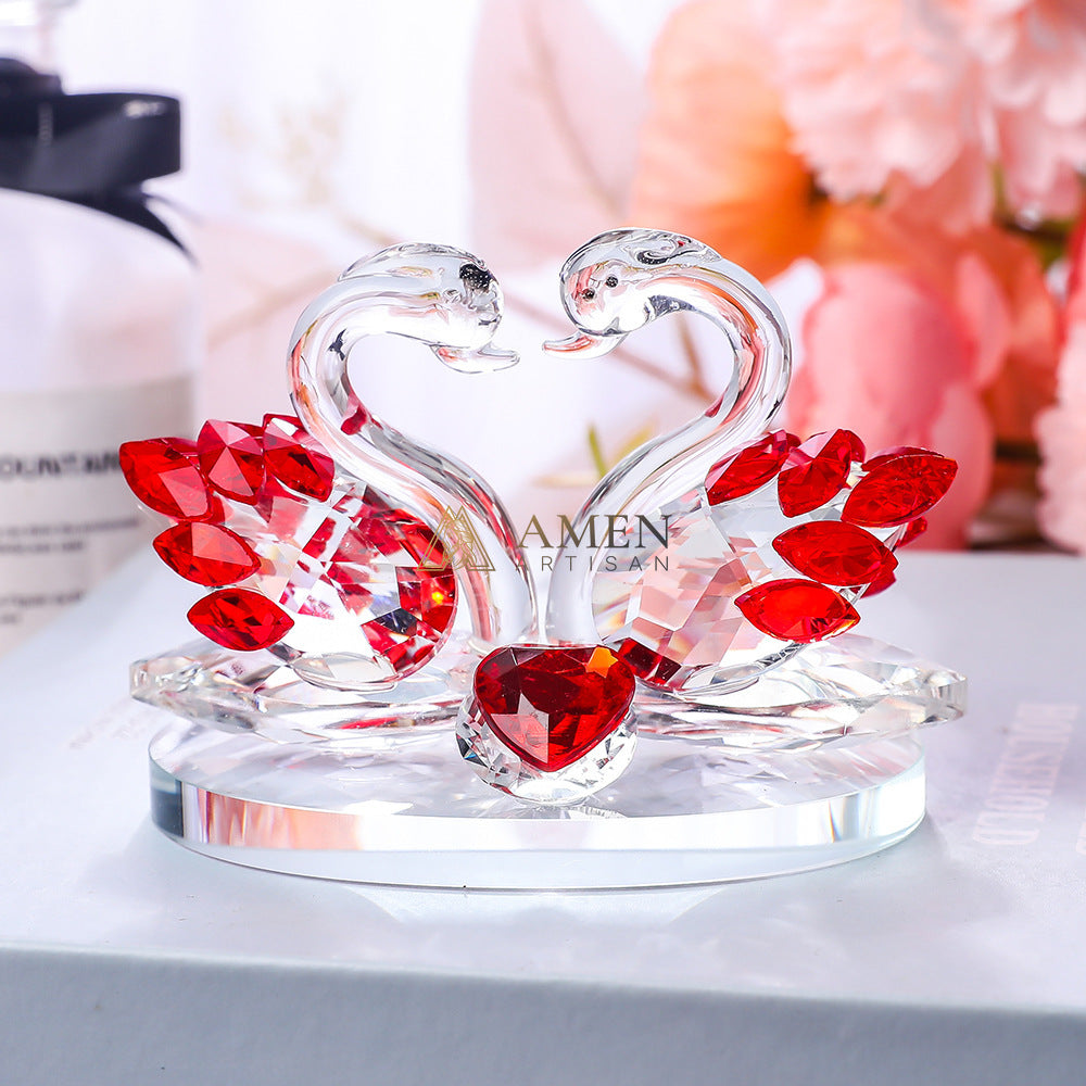 Crystal Heart-shaped Double Swans Figurine  Amen Artisan