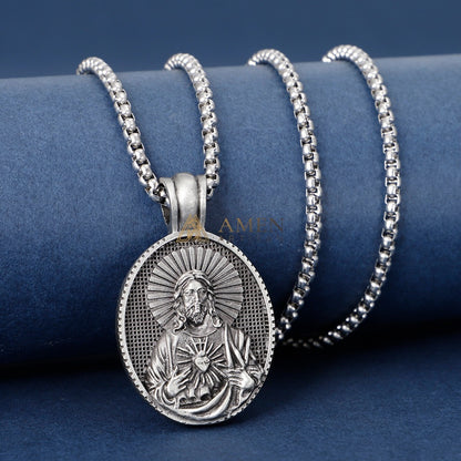Sacred Heart of Jesus Oval Pendant Necklace Amen Artisan