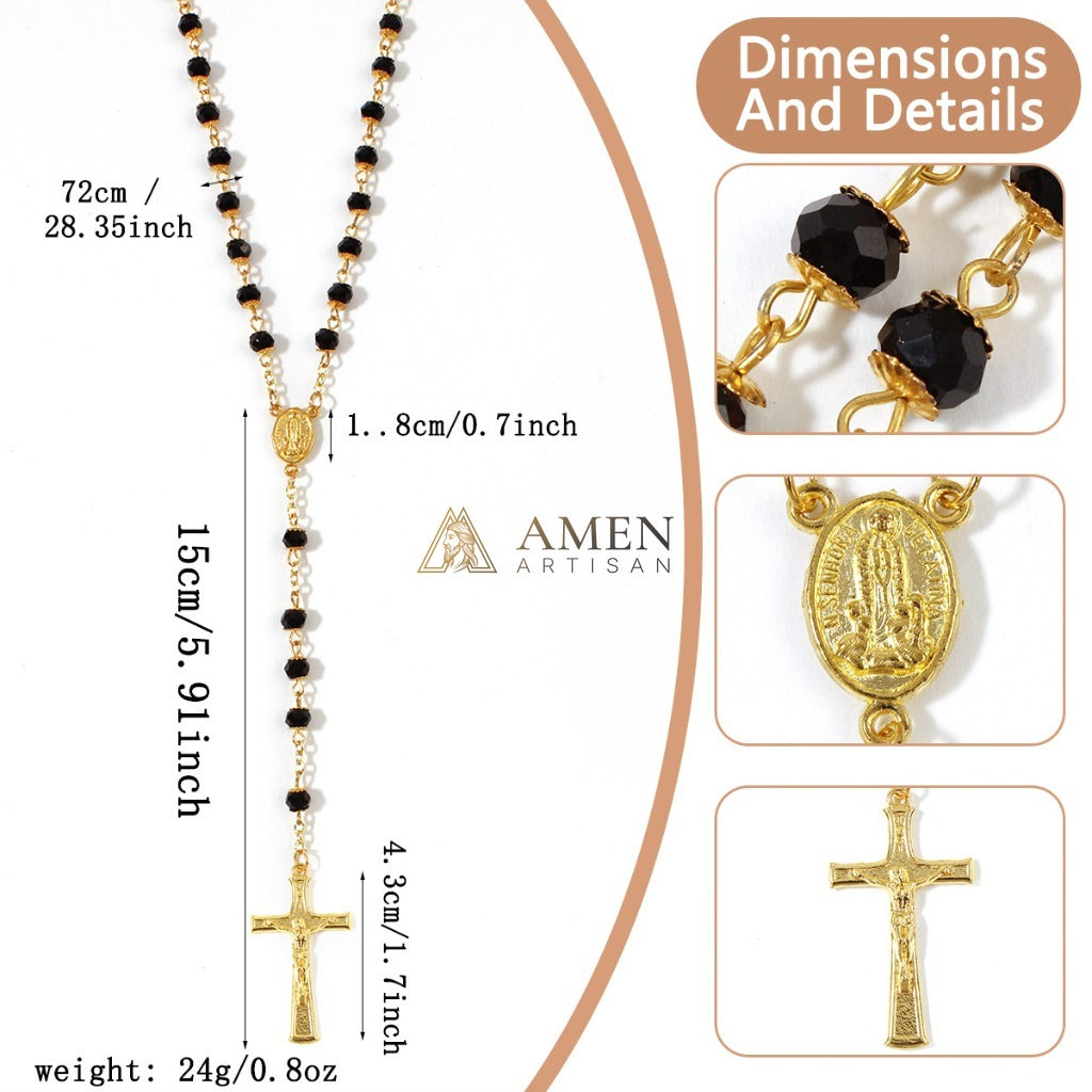Black Glass Our Lady Crucifix Rosary Amen Artisan