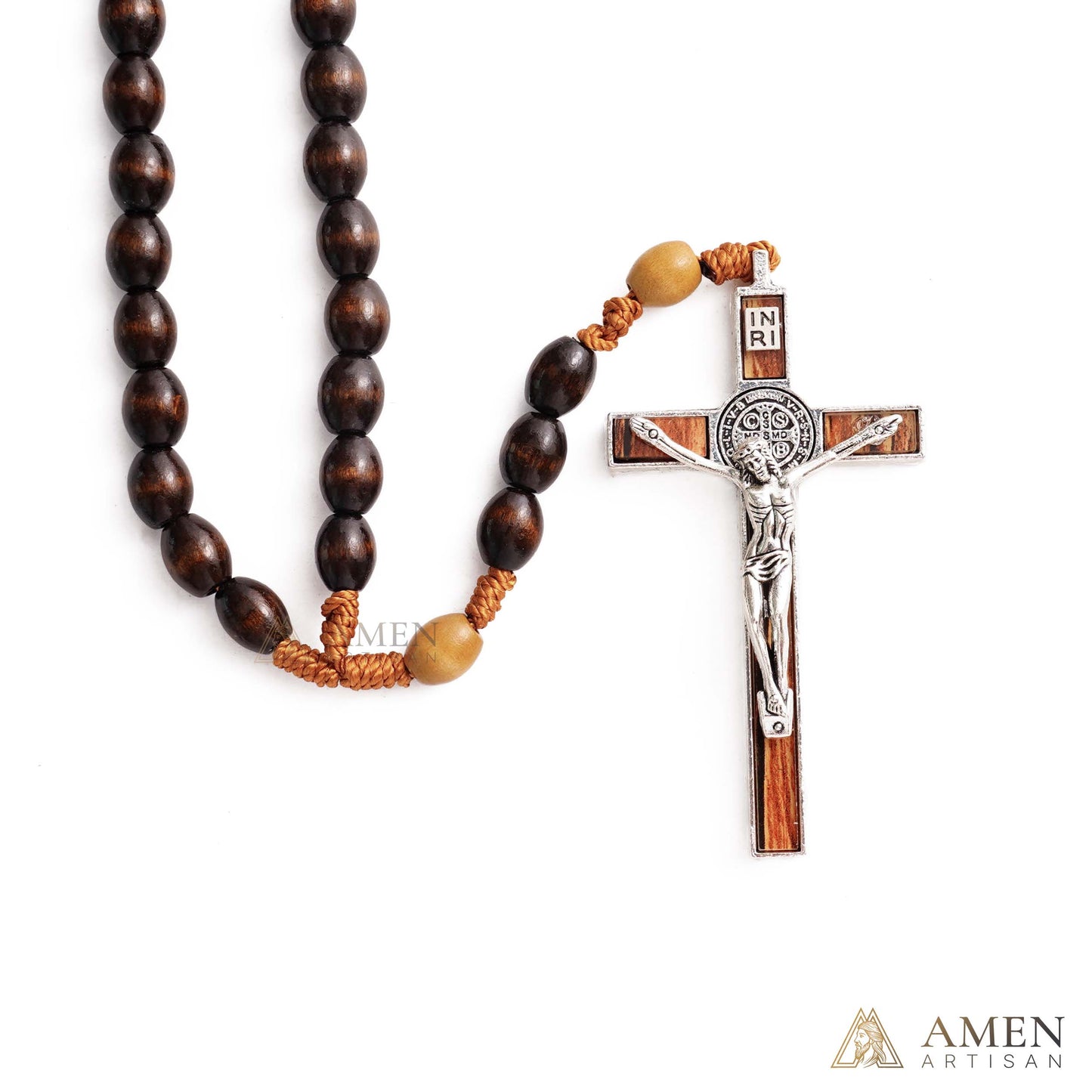 【Deal Today】Woven Cord Wooden Rosary with St. Benedict Medal Cross - Sacred Blessing | Amen Artisan
