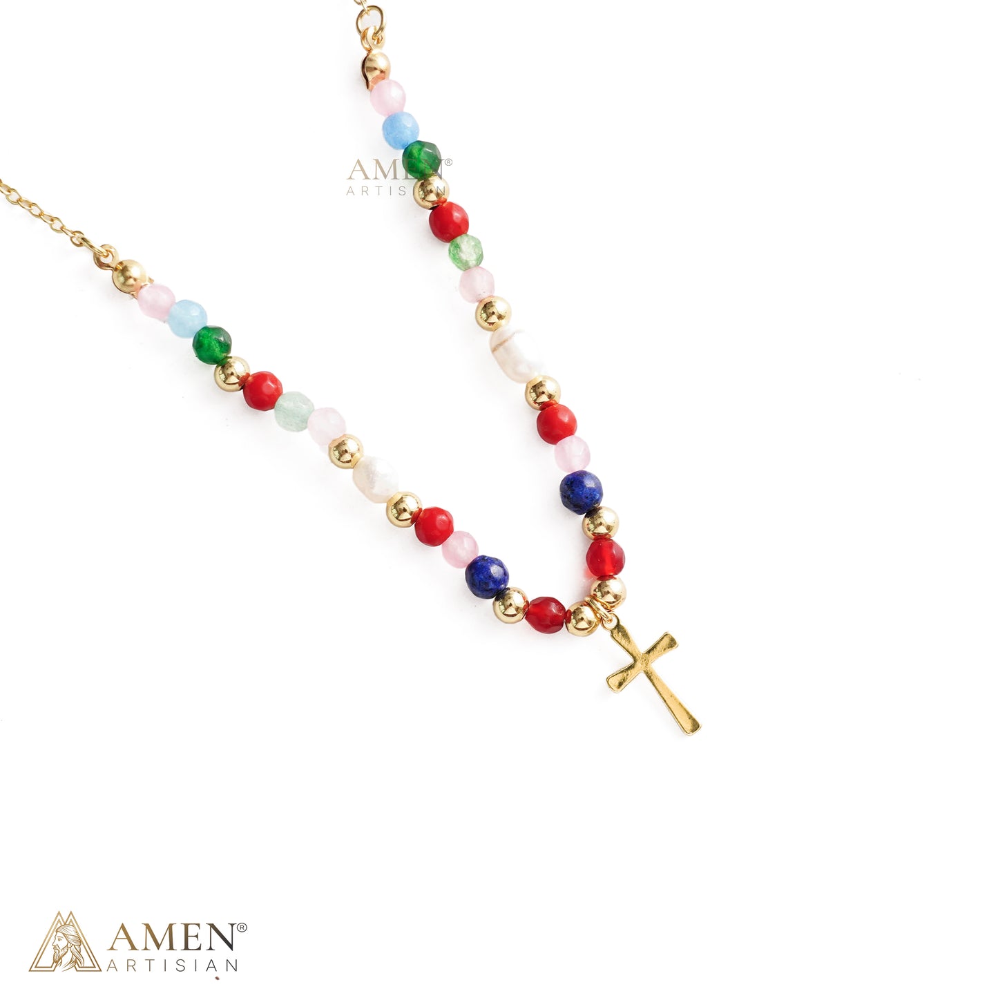 【DEAL TODAY】Colorful Beaded Cross Necklace with Natural Stone Details