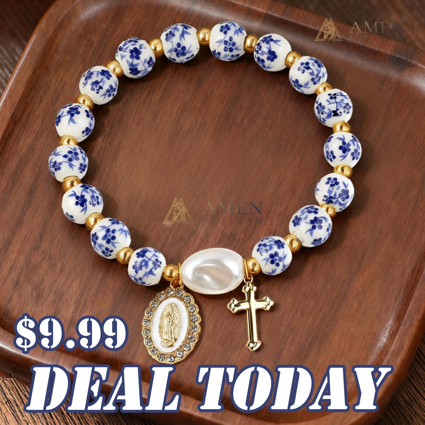 Blue and White Pottery Beads & Baroque Pearl Elastic Cord Cross Bracelet Amen Artisan