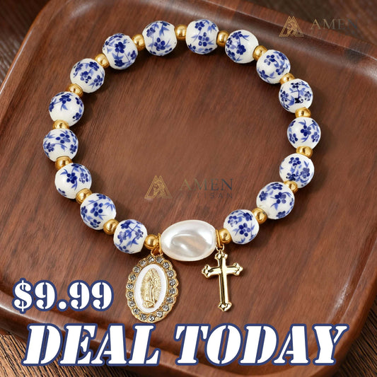 Blue and White Pottery Beads & Baroque Pearl Elastic Cord Cross Bracelet Amen Artisan