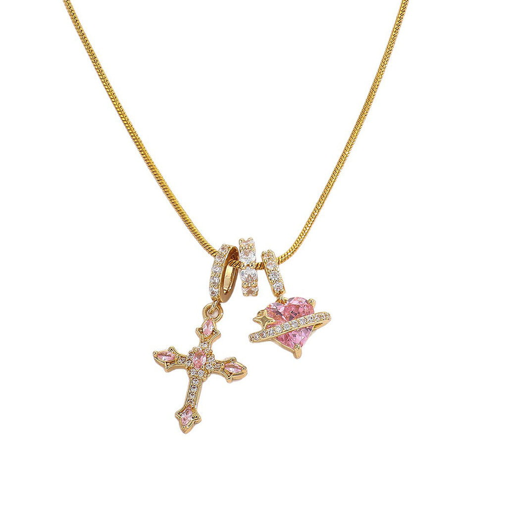 Pink Cross & Heart Charm Necklace