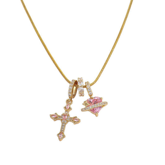Pink Cross & Heart Charm Necklace