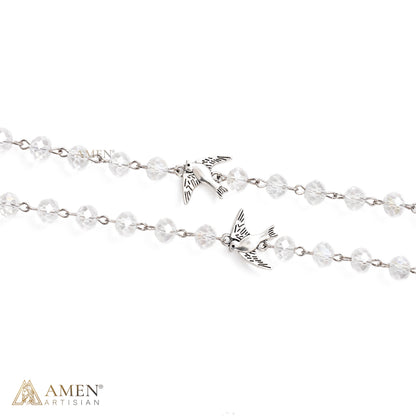 Holy Spirit Dove Rosary-Style Necklace with Clear Faceted Beads