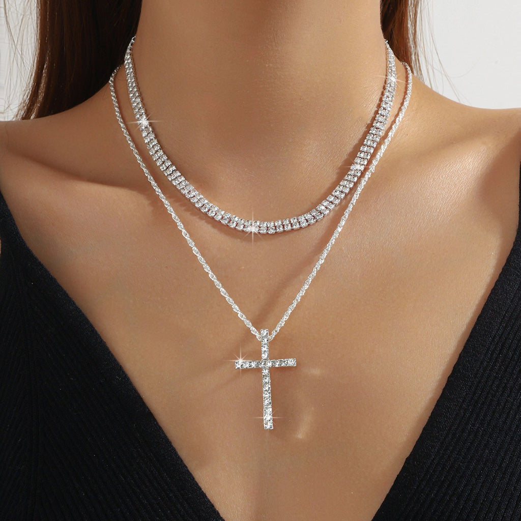 Sparkling Layered Cross Necklace with Rhinestone Details