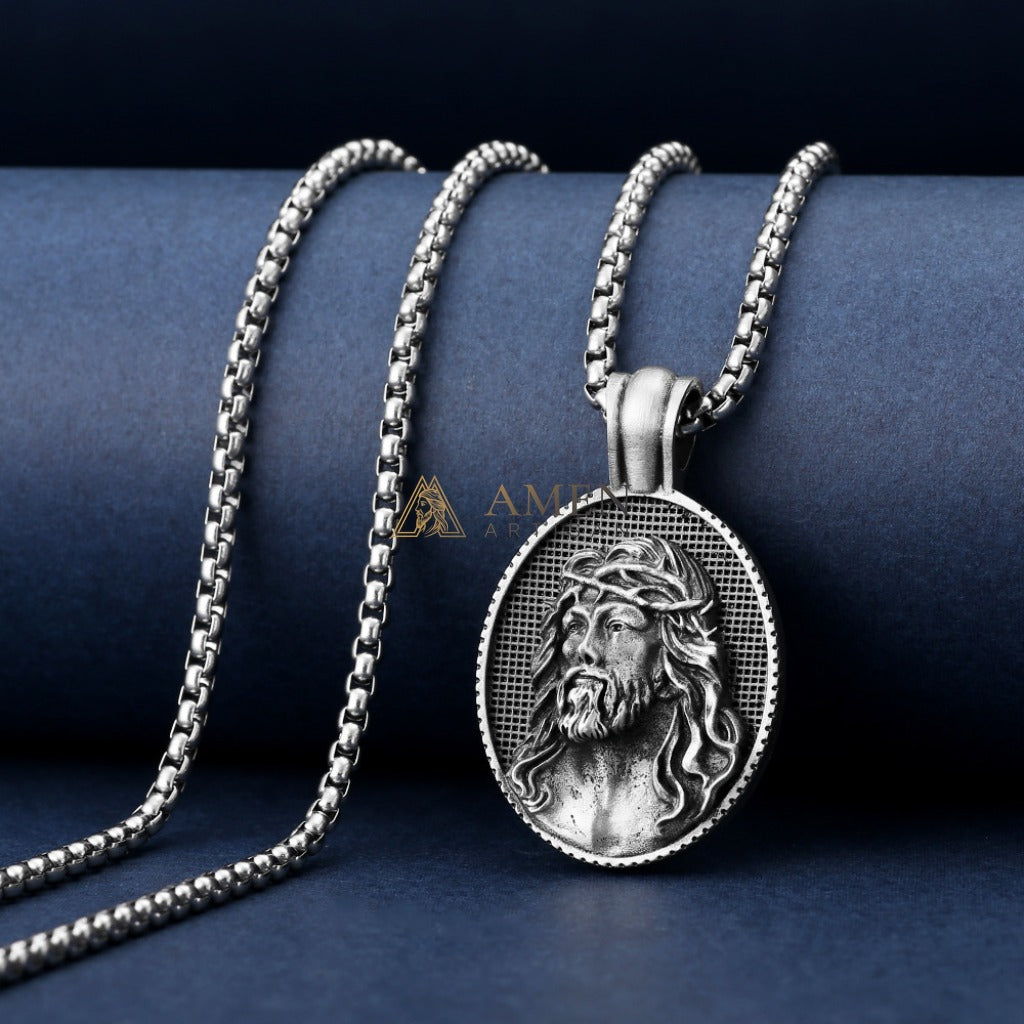 Jesus Crown of Thorns Oval Pendant Necklace Amen Artisan