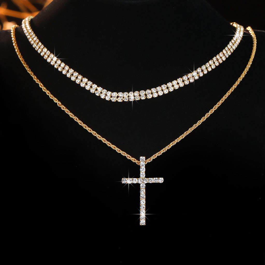 Sparkling Layered Cross Necklace with Rhinestone Details