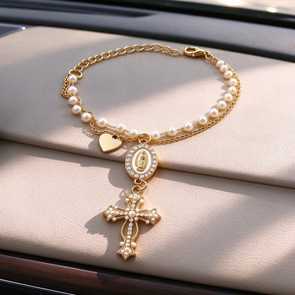 Virgin Mary & Cross Pearl-Like Bead Car Charm
