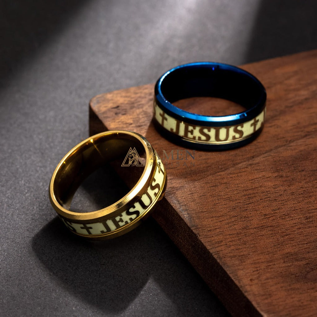 Jesus Cross Titanium Steel Luminous Ring Amen Artisan
