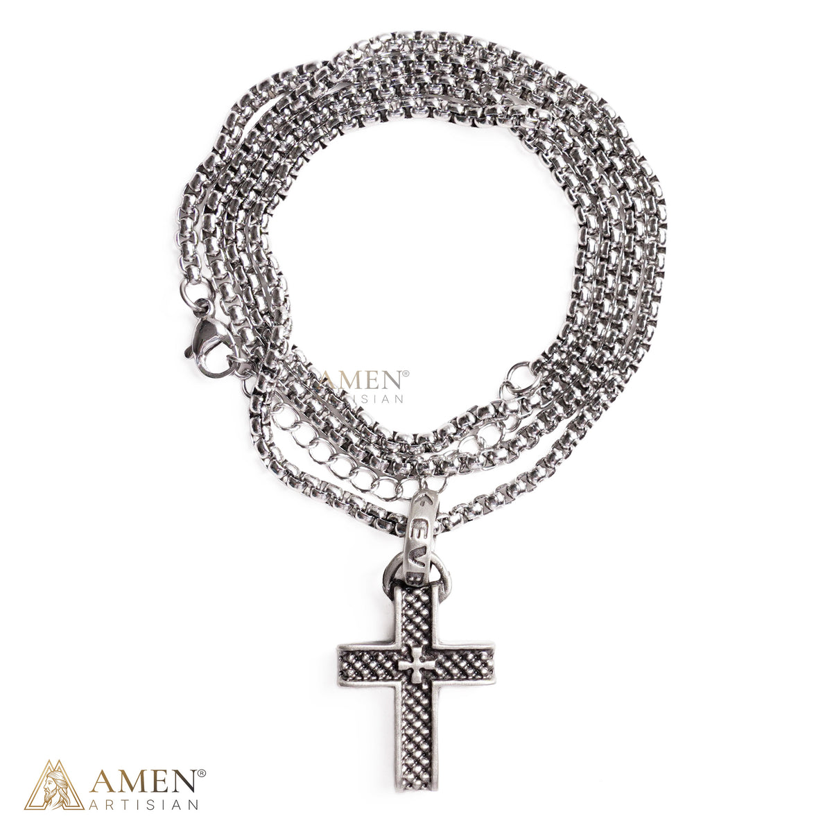 Double Layer Textured Cross Pendant Necklace Amen Artisan