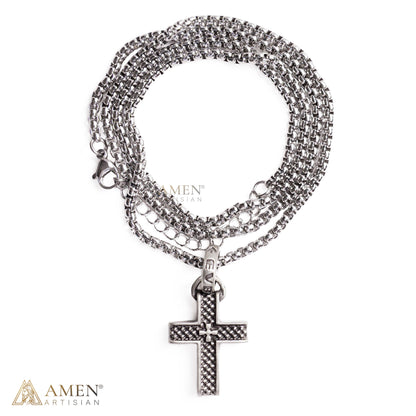 Double Layer Textured Cross Pendant Necklace Amen Artisan