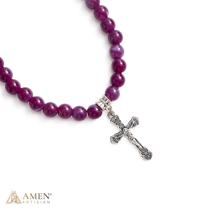 Purple Marbled Bead Crucifix Wrap Bracelet and Necklace