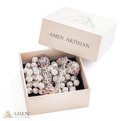 【DEAL TODAY】Our Lady of Guadalupe Five-Decade Rosary with Sparkling Rhinestone Beads and Colorful Sequin Accents — Grace and Devotion | Amen Artisan