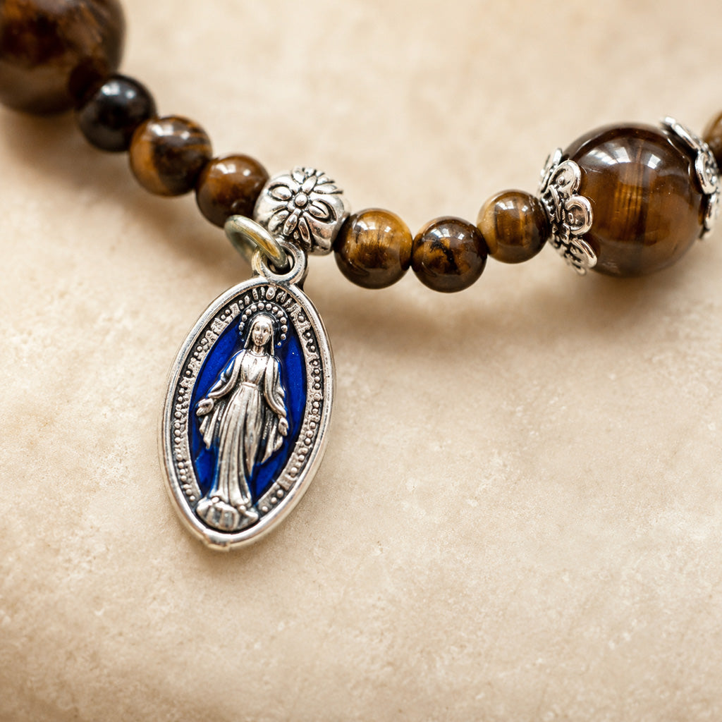 Natural Tiger Eye Prayer Bracelet with Mary Medal and Crucifix Charm