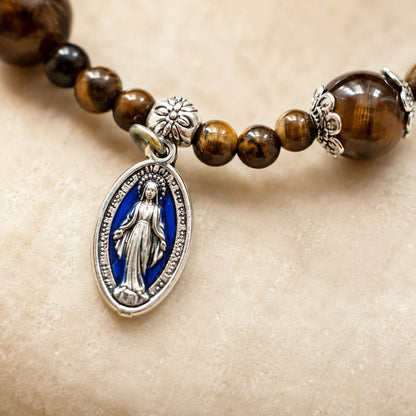 Natural Tiger Eye Prayer Bracelet with Mary Medal and Crucifix Charm