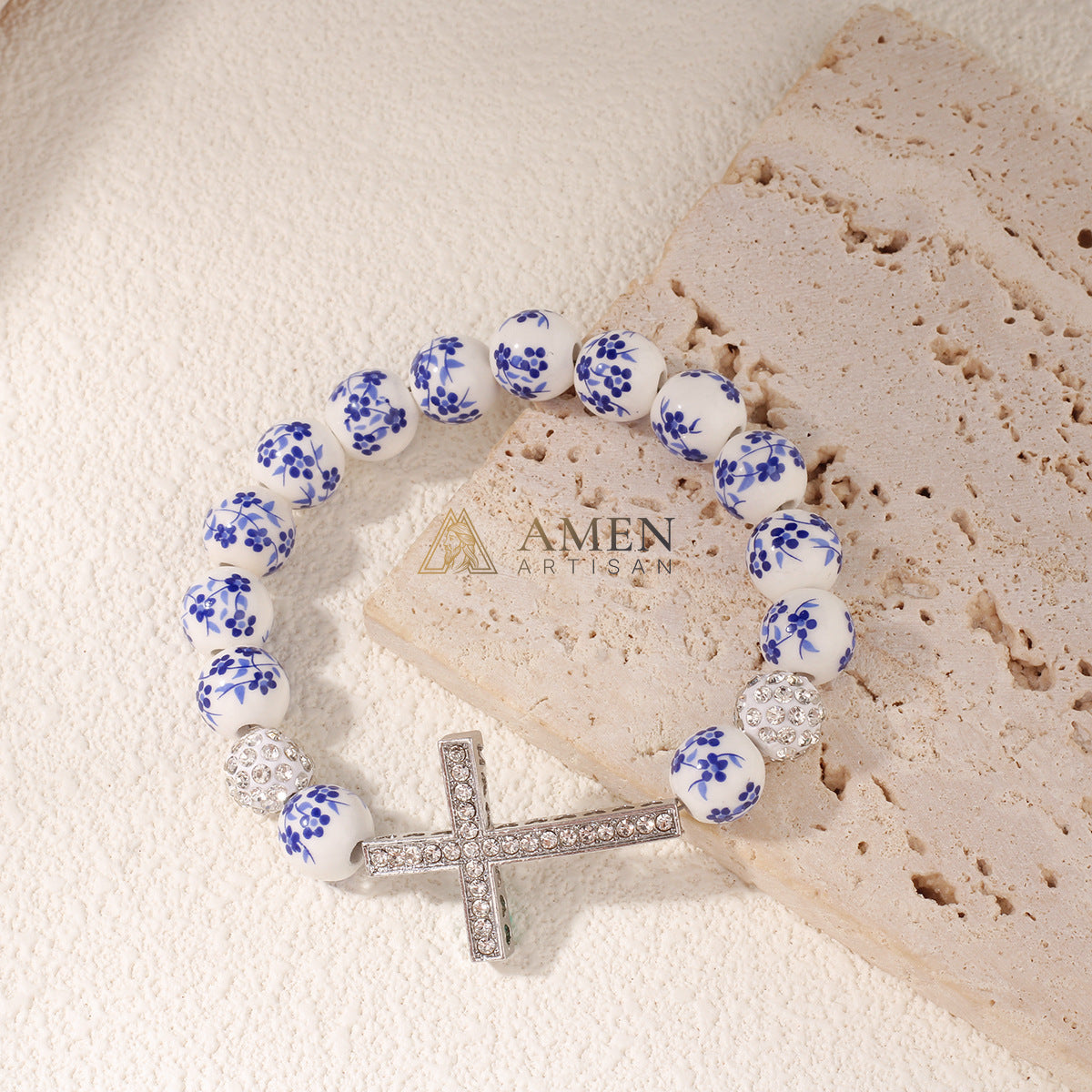 Blue and White Porcelain Zircon Bracelet Amen Artisan