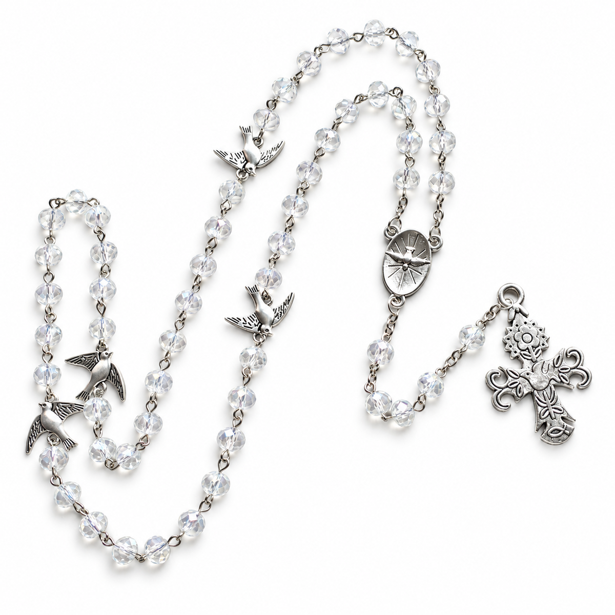 【DEAL TODAY】Holy Spirit Dove Rosary-Style Necklace with Clear Faceted Beads