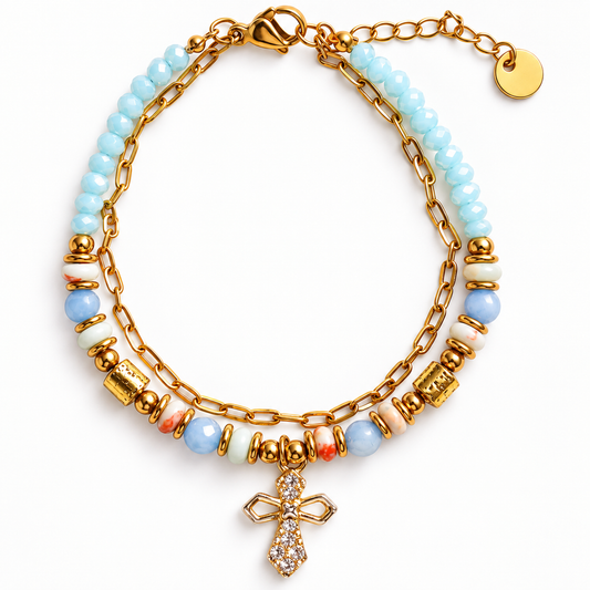 【DEAL TODAY】Layered Beaded Bracelet with Sparkling Cross Charm