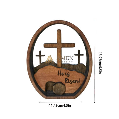 Calvary Oval Wood Resurrection Scene Plaque  Amen Artisan