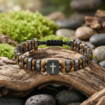 Retro Tiger Eye Cross Bracelet for Men with Adjustable Cord