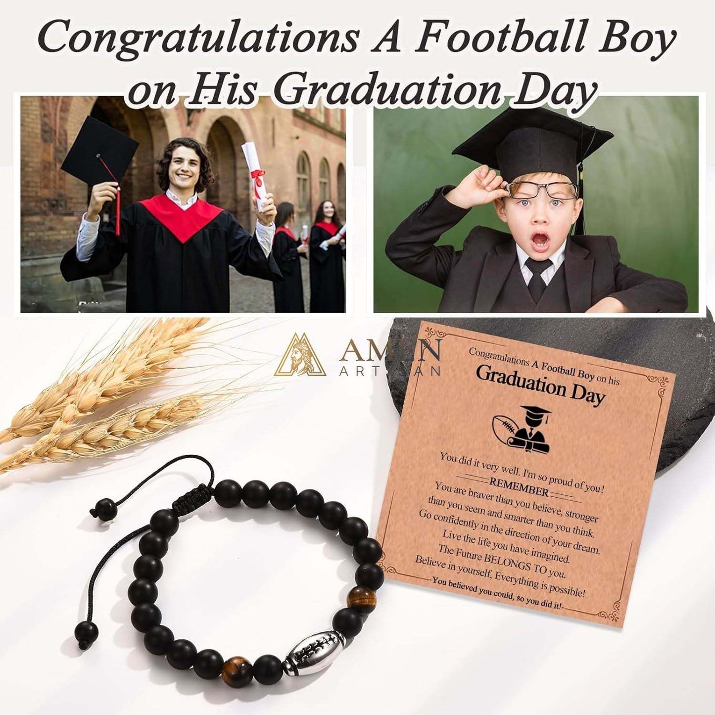 Natural Stone Bead Football Braided Bracelet Amen Artisan