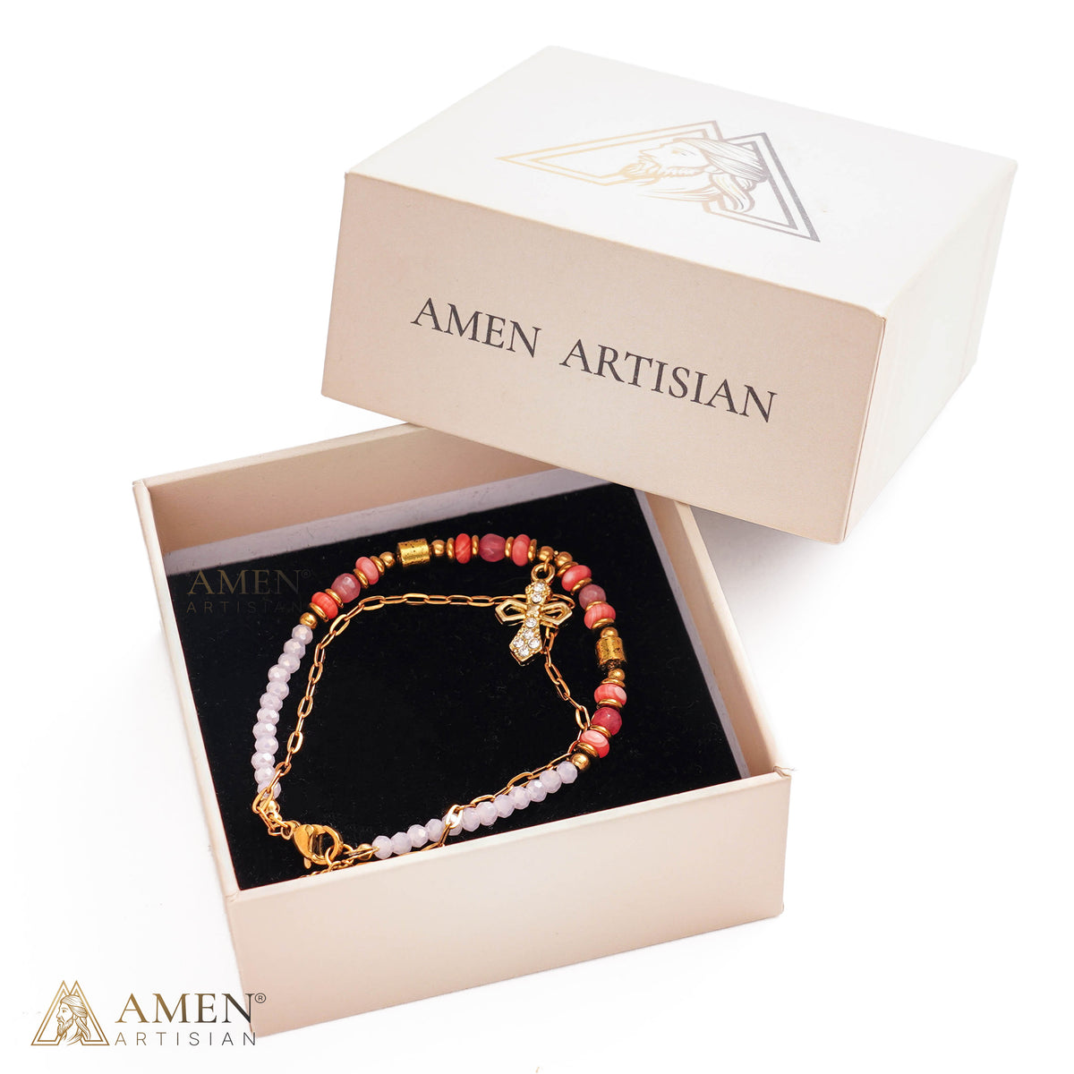 Layered Beaded Bracelet with Sparkling Cross Charm