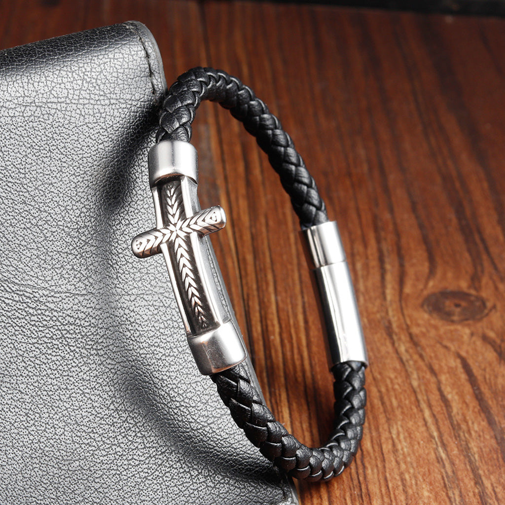 Black Leather Cross Bracelet with Magnetic Clasp — Daily Faith Reminder