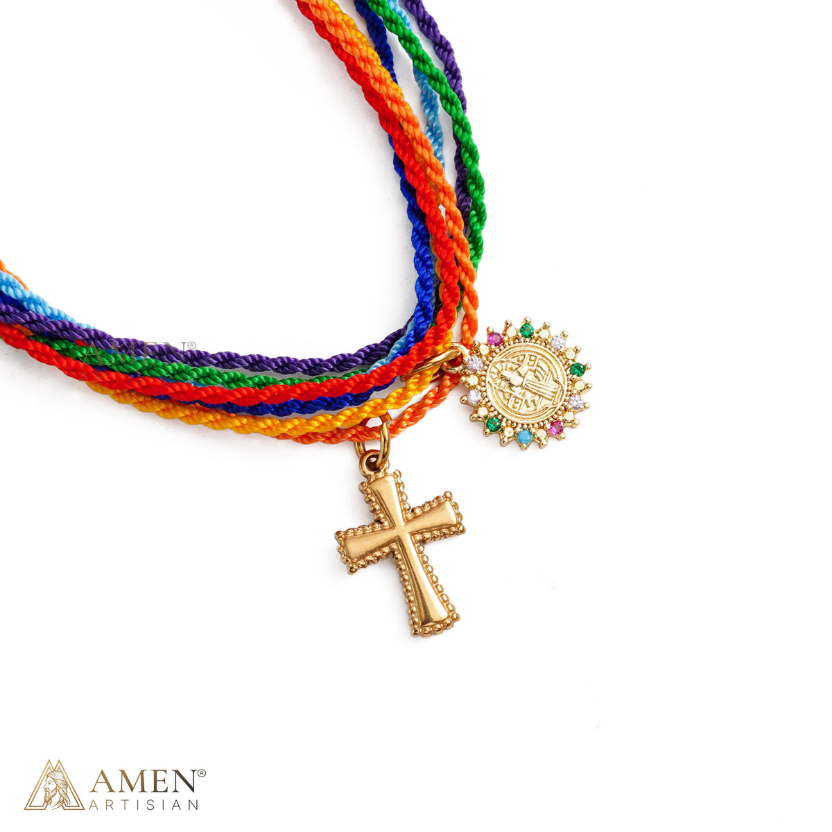 St. Benedict Medal Adjustable Cord Bracelet with Cross Charm