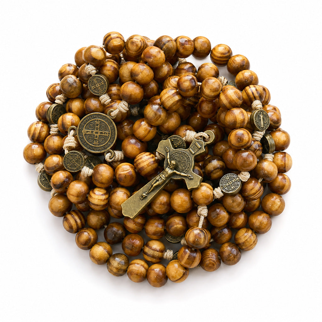 St. Benedict Wooden Rosary with Bronze-Tone Medal Accents