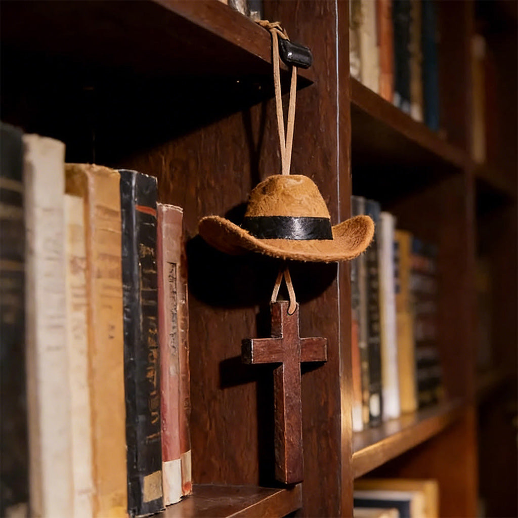 【Deal Today】Western Rearview Mirror Ornament with Cowboy Hat and Cross — Faith | Amen Artisan®