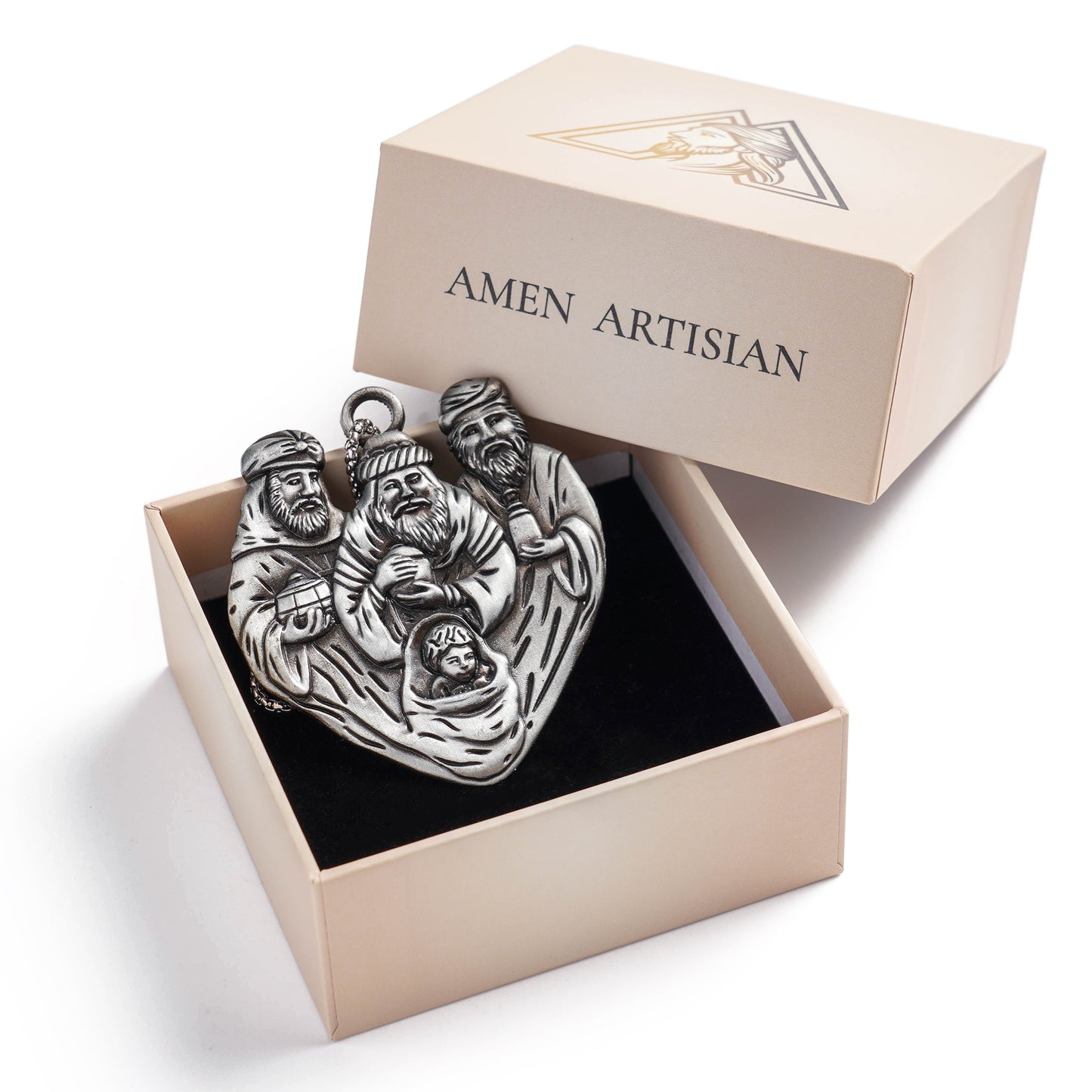 Premium Titanium Steel Nativity Ornament with Chain & Gift Box – 7 cm / 2.75"