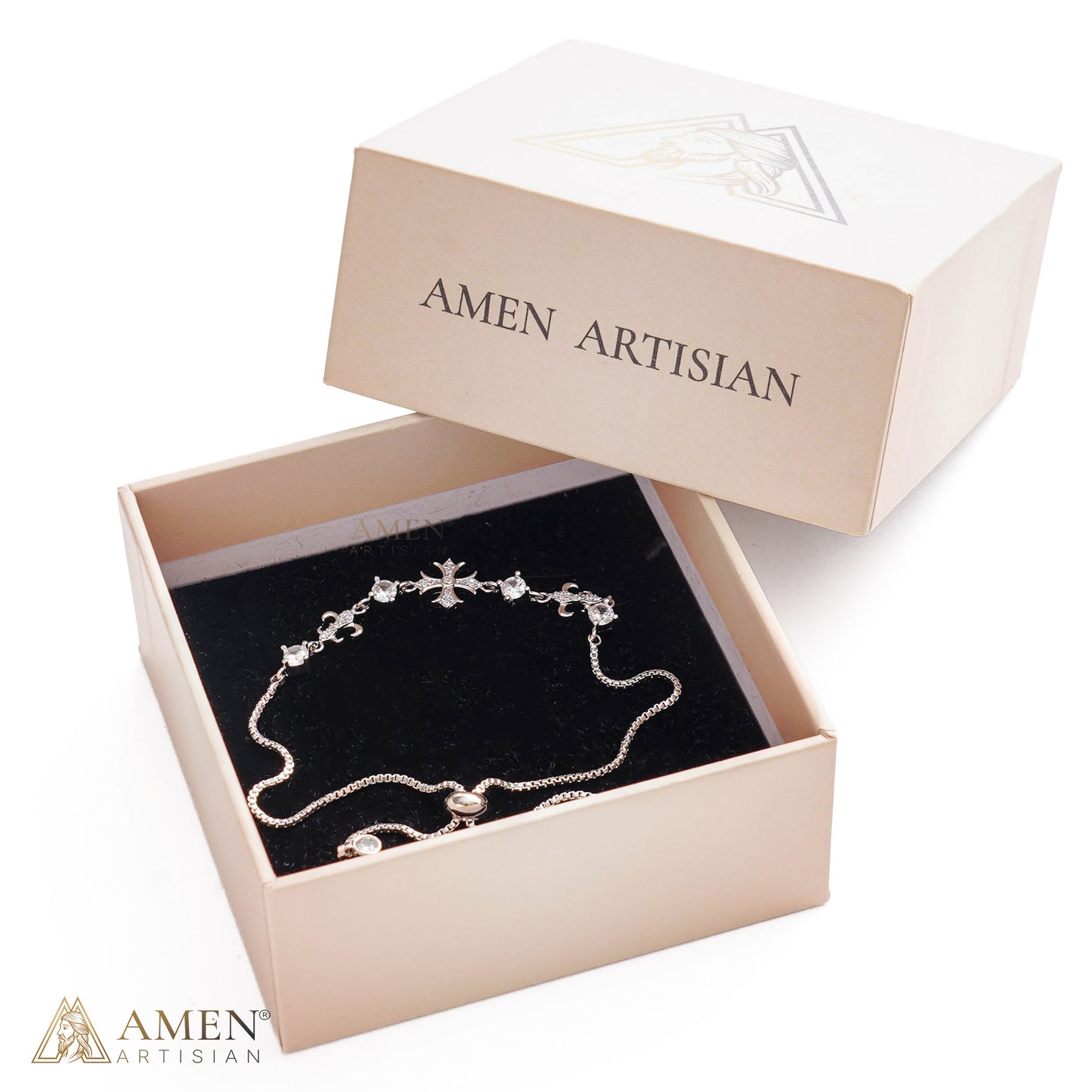 Adjustable Ornate Cross Bolo Bracelet with Sparkling Accents
