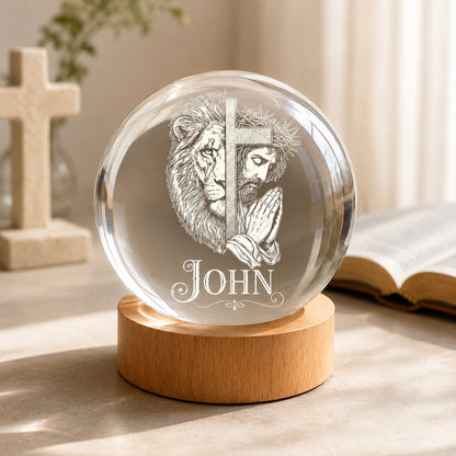 Personalized Christian Crystal Night Light with Lion, Cross, and Jesus — Strength