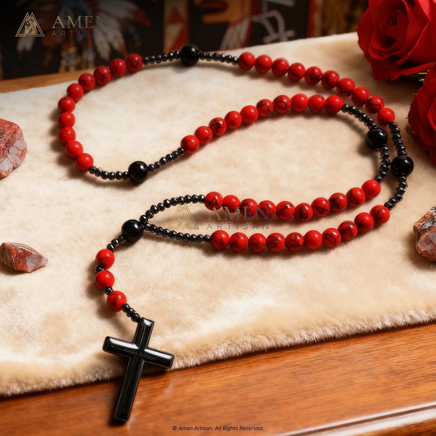 Red Turquoise Cross Rosary Amen Artisan