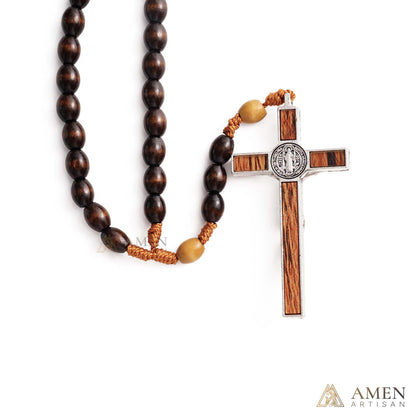 【Deal Today】Woven Cord Wooden Rosary with St. Benedict Medal Cross - Sacred Blessing | Amen Artisan