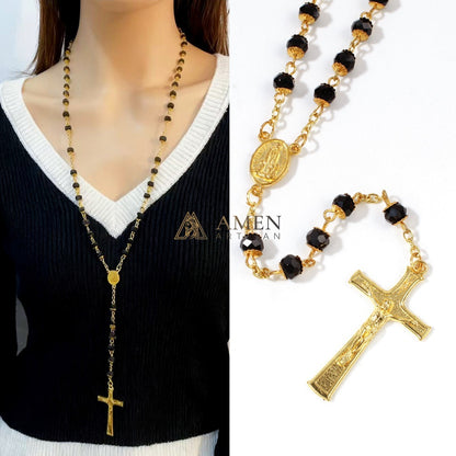 Black Glass Our Lady Crucifix Rosary Amen Artisan