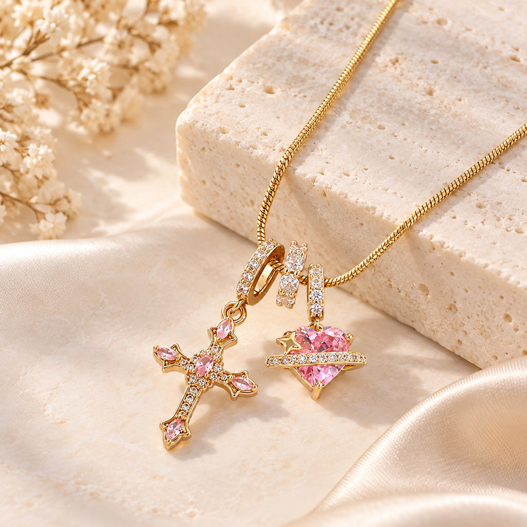 Pink Cross & Heart Charm Necklace