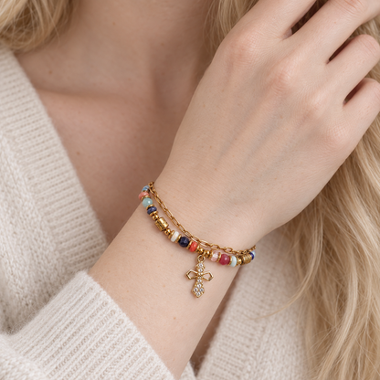 Layered Beaded Bracelet with Sparkling Cross Charm