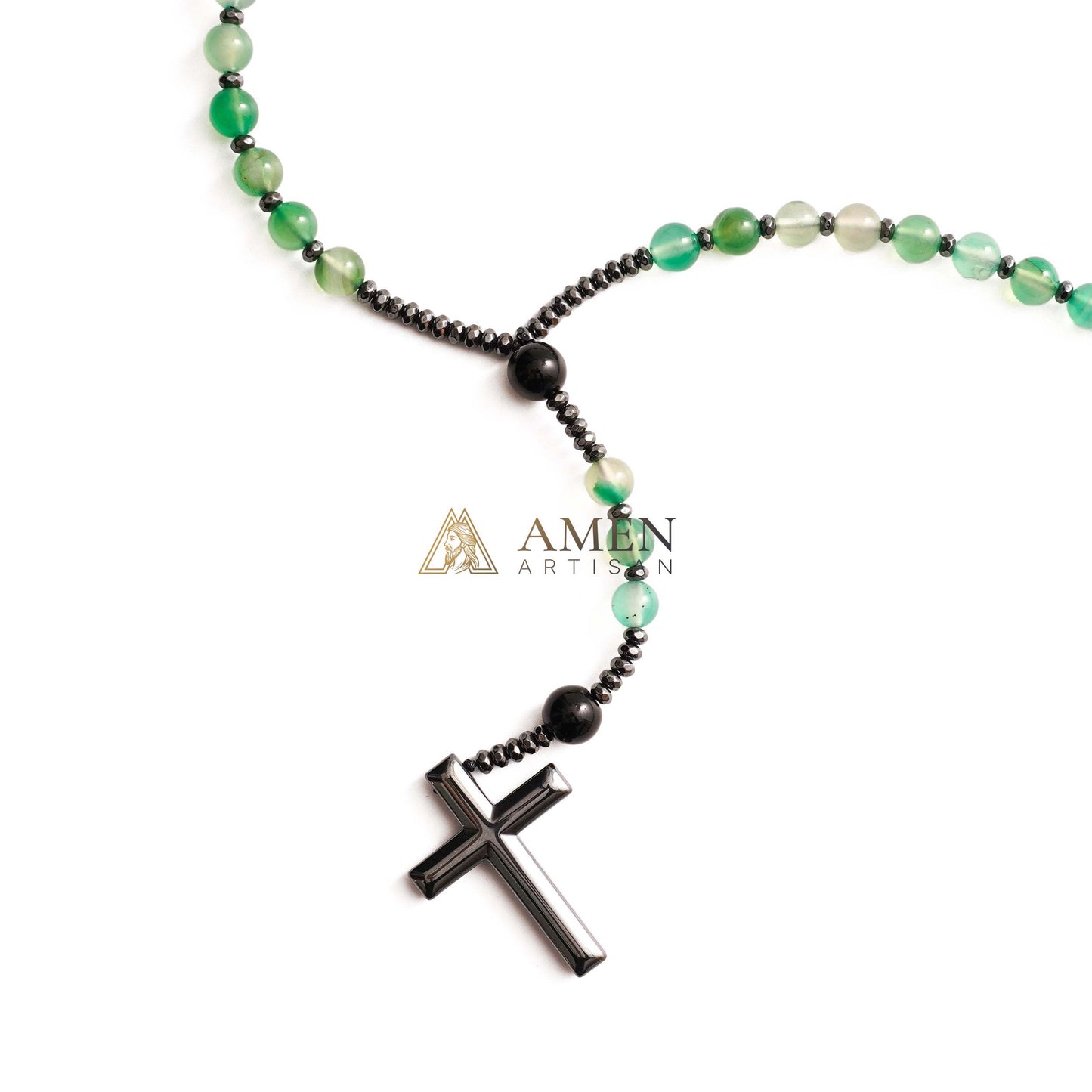 Green Agate Rosary with Cross Amen Artisan